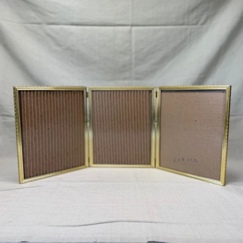 Vintage Brass Triple Folding Picture Frame Gold Tone Tabletop Display 1960s